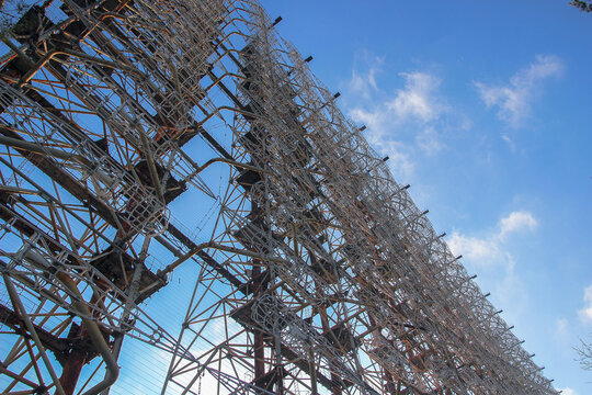The famous USSR radar "Duga" as known as russian woodpacker. Still can be found in Chornobyl exclusion zone, but radar is abandoned but showed in computer games. 