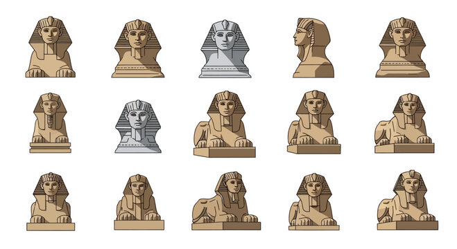 Set of Egyptian Sphinx Statues and Busts Vector Illustrations
