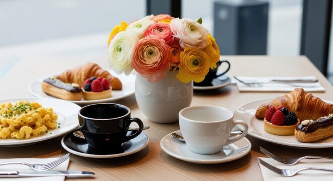  Elegant breakfast table featuring fresh coffee, pastries, scrambled eggs, fruit, and colorful flowers, creating a cozy caf&eacute; atmosphere with inviting morning dining presentation