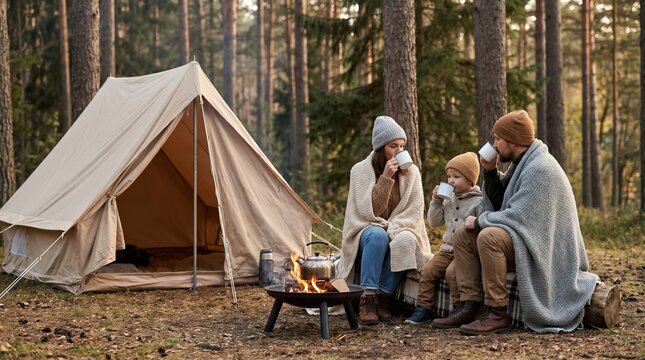 Family Camping Trip in Autumn Forest with Tent and Campfire, Caucasian Parents and Young Son Drinking Hot Tea Outdoors, Cozy Fall Weekend Getaway Concept