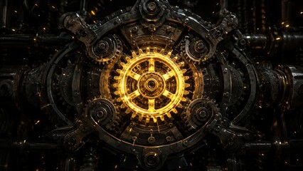 Obraz premium A single glowing golden gear powering a massive dark iron engine, symbolizing Employee Appreciation, Labor Day, and essential teamwork.