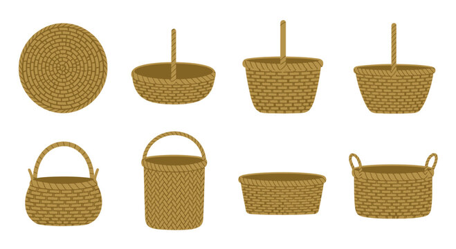 Set of Various Woven Wicker Baskets in Different Shapes and Styles
