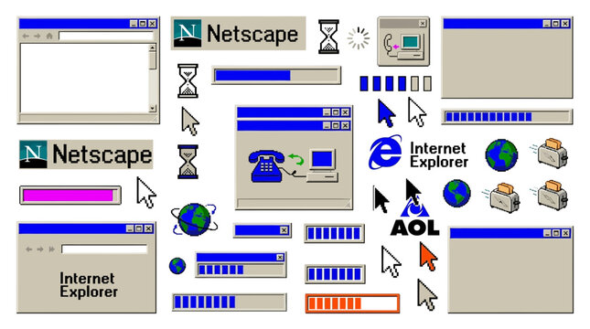 A nostalgic y2k sticker pack showcases various vintage internet browsers and icons in an aesthetic arrangement.