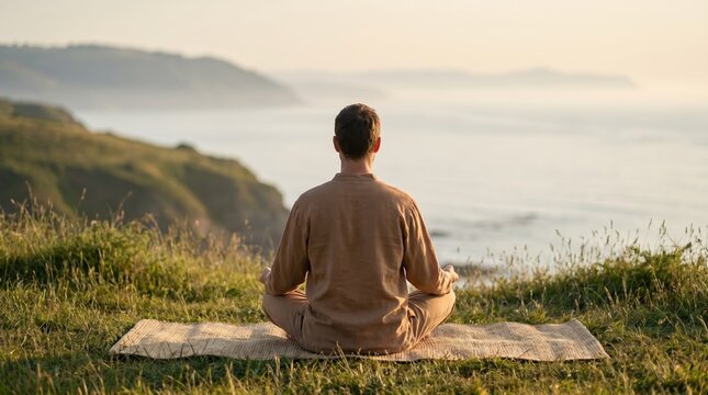 Young man meditating in lotus pose on cliffside overlooking ocean at sunset for mindfulness and mental health wellness concept