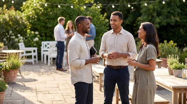 Diverse Young Adults Networking at Outdoor Garden Party Social Event Professional Casual Gathering Concept for Business Communication