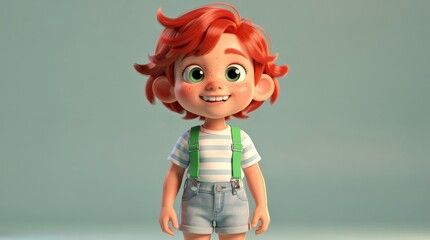 Fototapeta premium A cheerful red-haired animated child with green eyes, freckles, and striped shirt wearing green suspenders and denim shorts stands smiling against a neutral background.