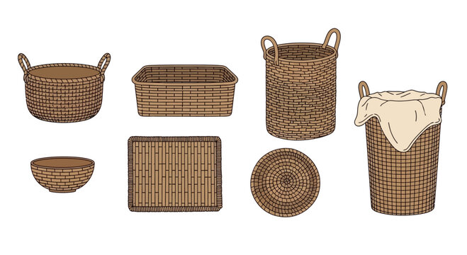 Set of Handwoven Wicker Baskets and Containers Illustration