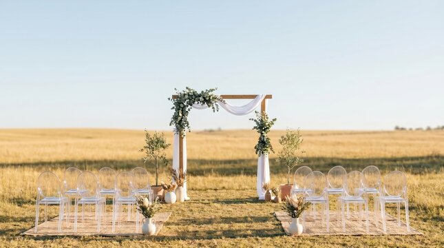 Outdoor Wedding Ceremony Setup with Acrylic Chairs and Floral Arch in a Golden Field for Romantic Elopement or Intimate Nuptials