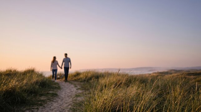 Young Caucasian couple walking hand in hand on a sandy path through coastal dunes at sunset representing romantic connection and travel