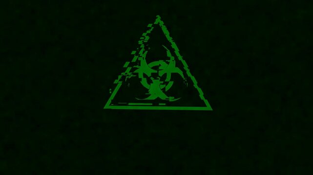 Green biohazard glitch triangle symbol with fog animation 4K UHD.