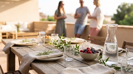 Fototapeta premium Outdoor summer brunch table setting on a rustic terrace with fresh berries and water carafe, blurred friends socializing in background