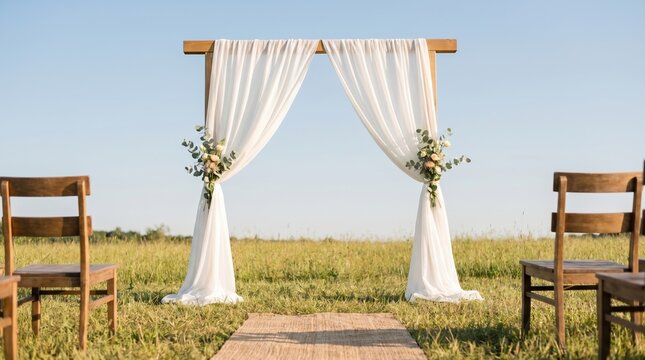 Boho Outdoor Wedding Ceremony Arch with Wooden Chairs in a Sunny Meadow for Rustic Elopement or Intimate Marriage Celebration