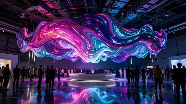 Vibrant, flowing art installation suspended above a crowd