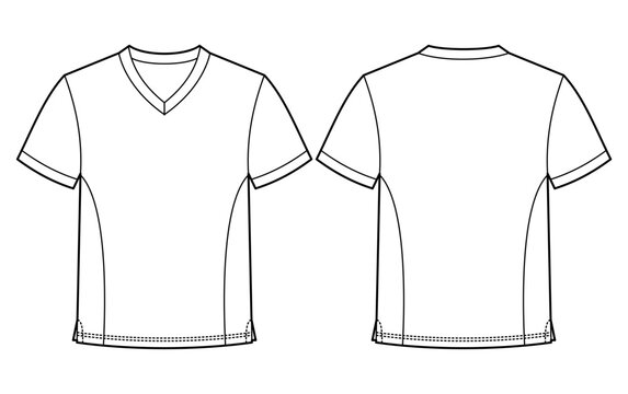 V-neck T-shirt design template with side panel details. Mockup front and back view.	
