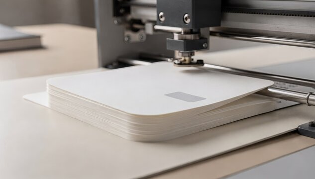 Medium shot capturing the diecutting process of a sleek desk calendar page forming rounded edges and easytoturn sheets for office organization.