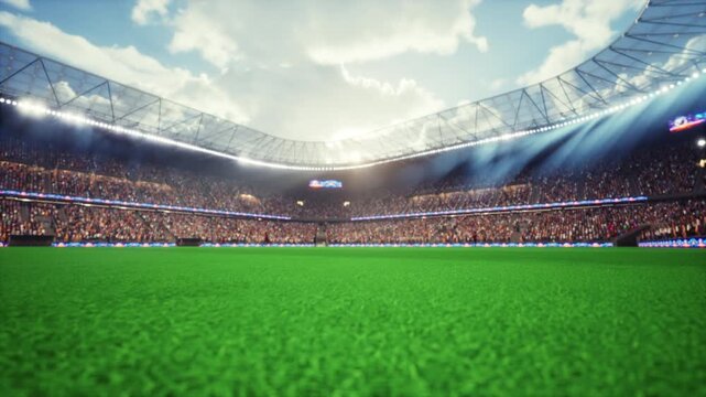 Animation of soccer players kicking ball inside sunlit sports arena, with 3D rendered team athletes running on football venue turf grass during sunny weather, being cheered on by fans.