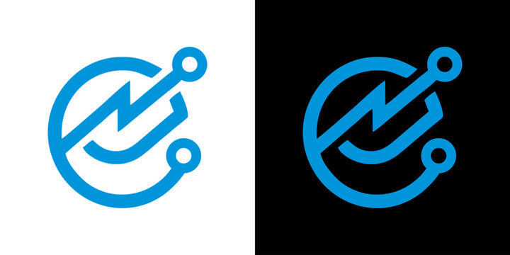 Dynamic blue technology logo featuring a modern circuit letter C with an integrated lightning bolt, symbolizing digital power, innovation, and electrical energy for cutting-edge solutions