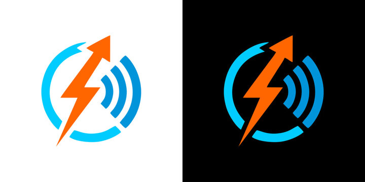 Wireless charging and fast internet logo icon set with lightning bolt arrow and signal waves