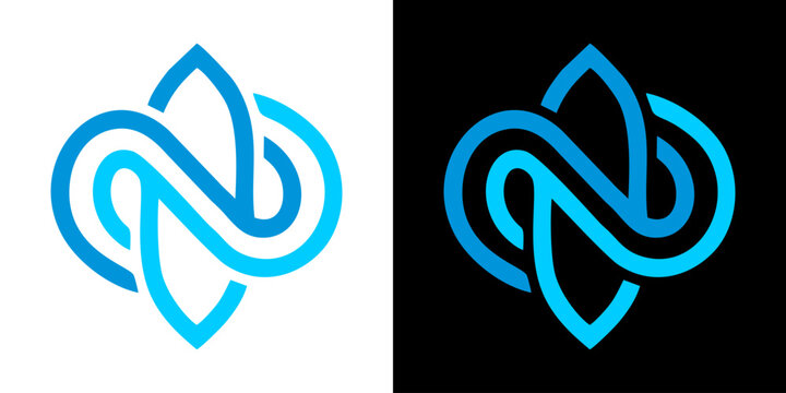 Abstract blue infinity loop and leaf logo design template on white and black background