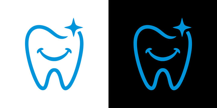 Dental care logo with smiling tooth icon in blue line art style on black and white background