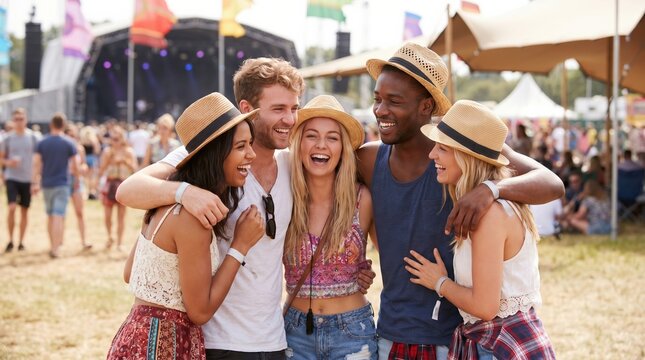 Group of diverse young adult friends laughing and embracing at an outdoor summer music festival wearing fedora hats and casual clothing
