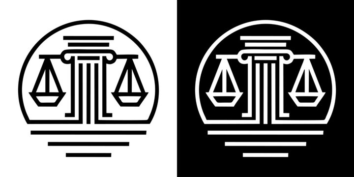 Modern minimalist line art concept icon representing justice and balance, featuring scales atop a classic pillar within a circular design for legal, business, and ethical themes
