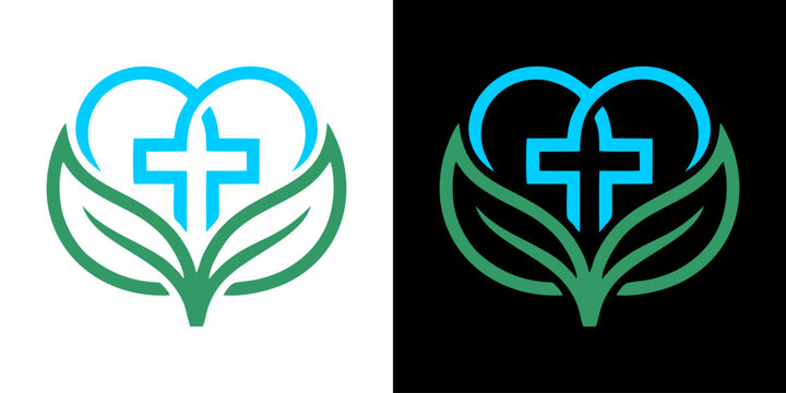 Christian faith medical cross and green leaf heart logo icon for healthcare and spiritual wellness
