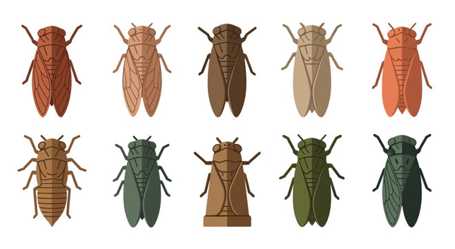 Set of Various Cicada Insect Icons in Flat Design Style