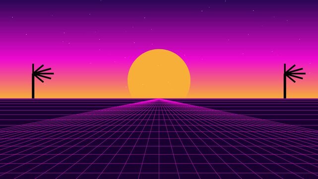 Retro synthwave 80s style grid landscape with glowing sunset and abstract silhouettes for digital backgrounds animation 4k