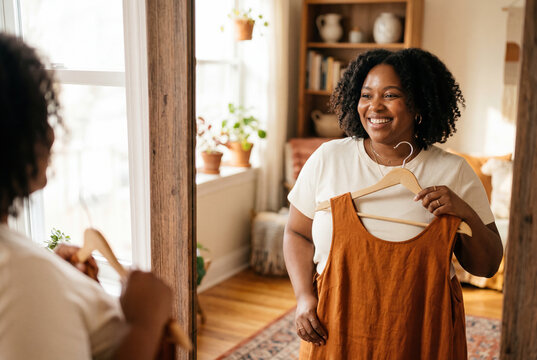 Smiling woman holding an orange dress in front of a mirror at home