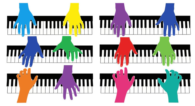 Colorful Hands Playing Piano Keys Illustration