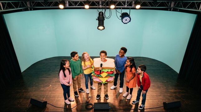 Multi ethnic children comedy show with kid in giant sandwich costume