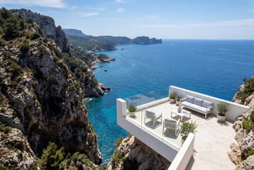 Fototapeta premium Modern white balcony lounge on coastal cliff overlooking sea