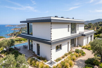 Fototapeta premium Contemporary house with rain chain and dark grey eaves