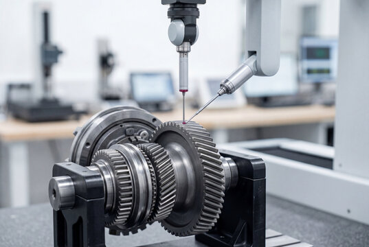 Precision coordinate measuring machine inspecting a complex metal gear assembly in a modern lab