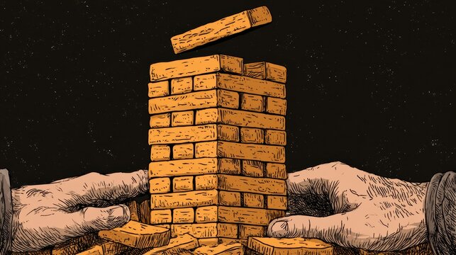 Hands reach towards a tall tower made of amber blocks, with one block being pulled out. The structure is unstable and close to falling apart.