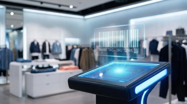 Retail smart tag scanning kiosk with holographic sku display for store automation and inventory management background for retail technology design