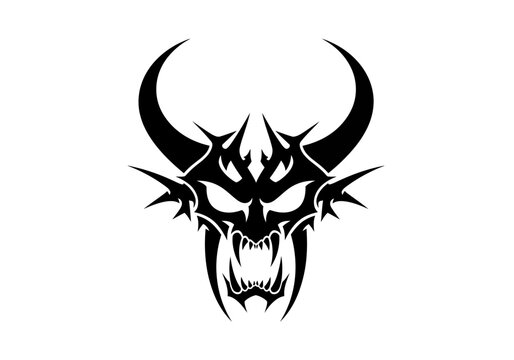 Tribal demon head illustration with horns and sharp fangs