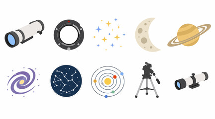 Colorful astronomy and space exploration icons set. © Bay