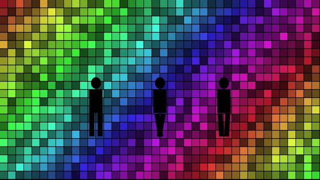 Stick figures dancing on vibrant rainbow pixel animation 4k background, for party and, celebration