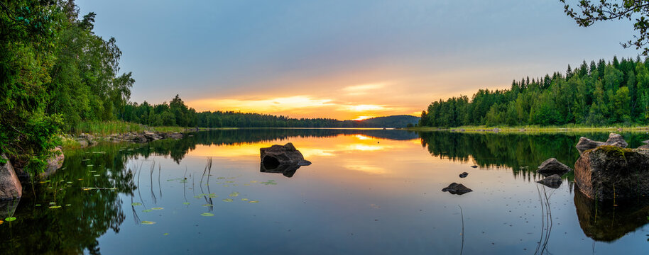 Hallangen lake at sunset. Kalmar region in Sweden. Europe