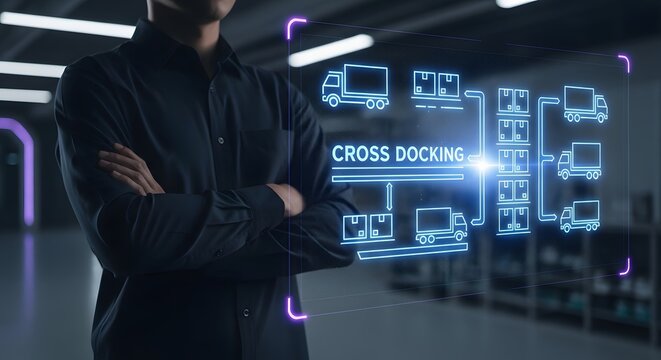 Man managing cross docking logistics with digital warehouse interface illustration showing supply chain distribution