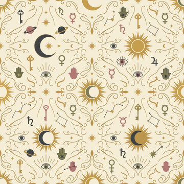 This mystical repeating pattern features golden suns and moons along with celestial planetary symbols and ancient esoteric motifs that create a sophisticated decorative surface for various