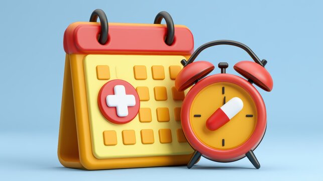 3d calendar marked date and time for reminder with pharmacy drug icon. Vaccination medical equipment, healthcare medicine. medical pharmacy medicament. 3d alarm clock icon vector render illustration