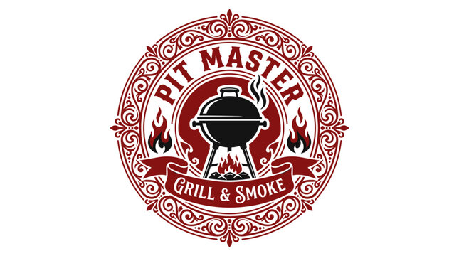 Pit Master Grill and Smoke Emblem with Flames and Ornate Border