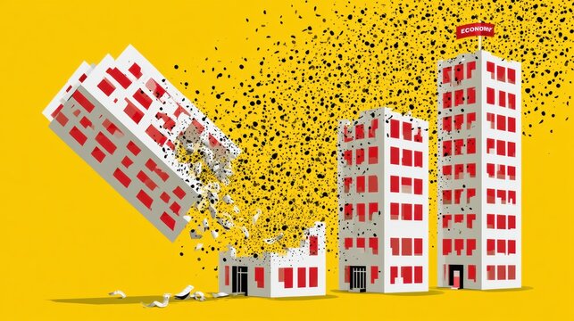Buildings symbolize mortgage securities collapsing into one another representing a financial crisis.