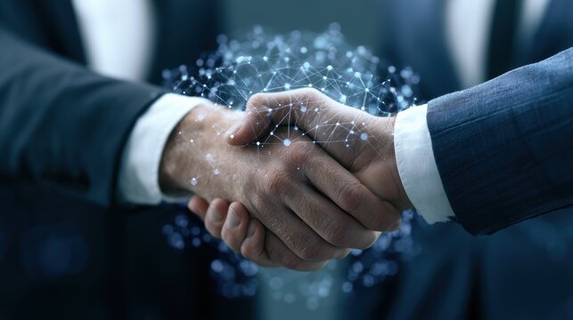 Close up of business people shaking hands against technology background, leader, teamwork, target, Aim, confident, achievement, goal, on plan, finish, generate by AI