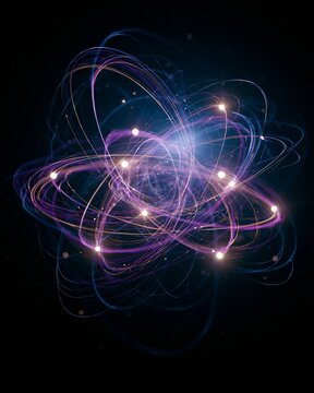 A miniature universe of glowing atoms swirling in a dark void, faint light trails marking the passage of time, no clock or numbers, mysterious mood, blue-violet backlight, centered macro composition.