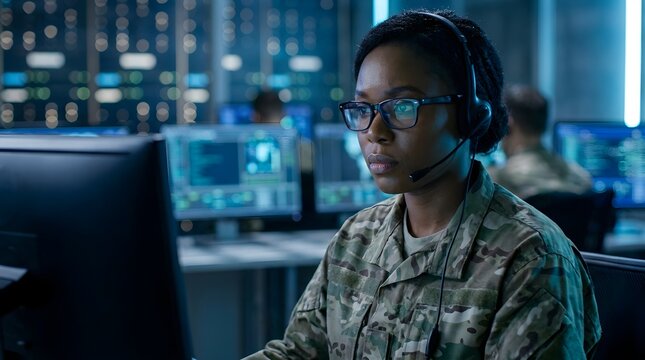 Focused female military officer wearing tactical uniform and communication headset sits at a computer terminal while monitoring critical data streams in a secure high tech facility