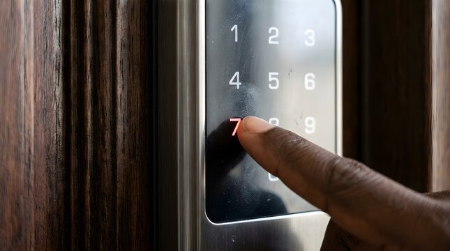 Close up of a person pressing the number seven button on a modern silver electronic door keypad lock with a dark wooden frame and lighting